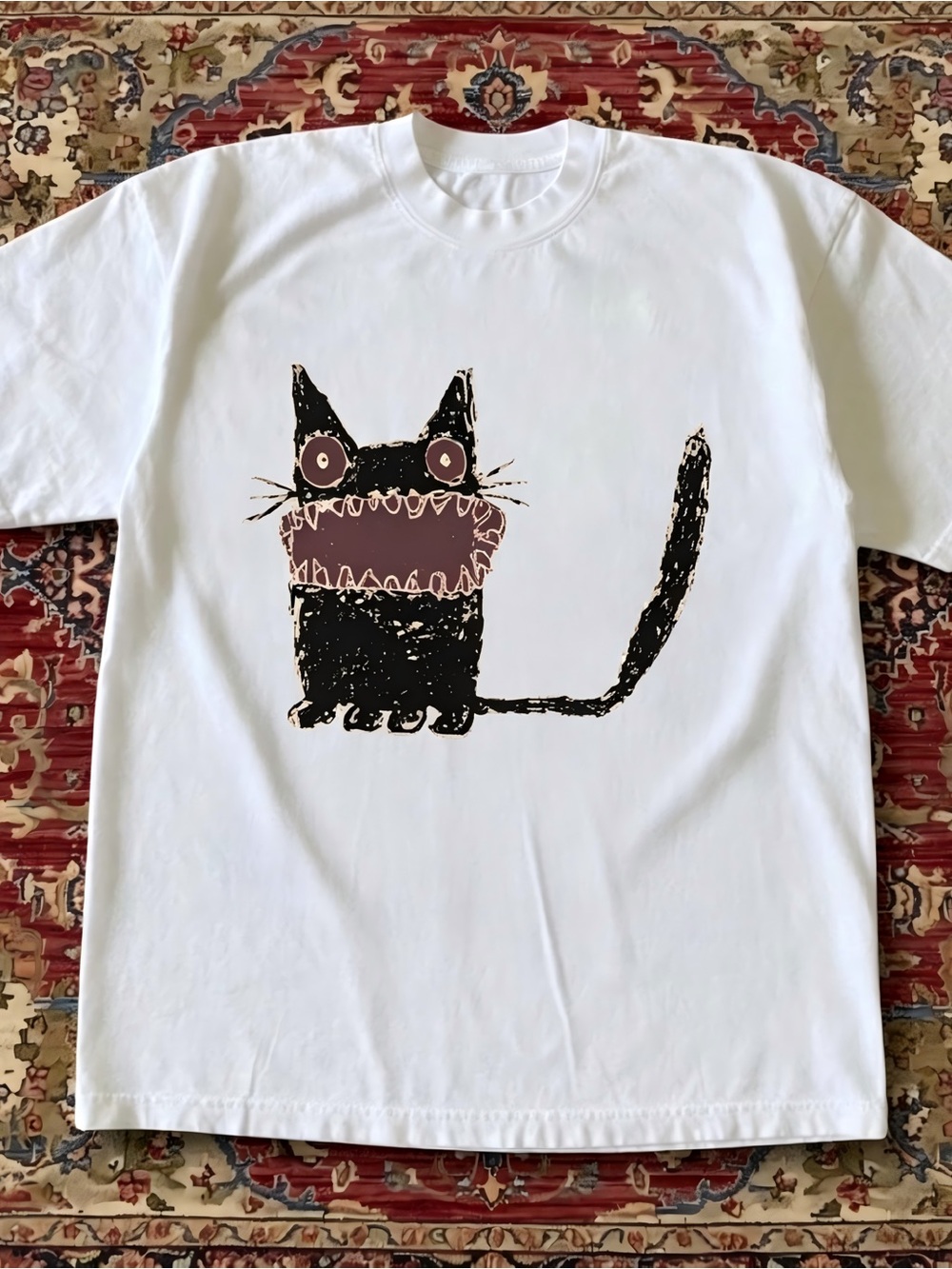 Retro Distressed Hand Drawn Kitty Graphic Streetwear T-shirt Size Unisex